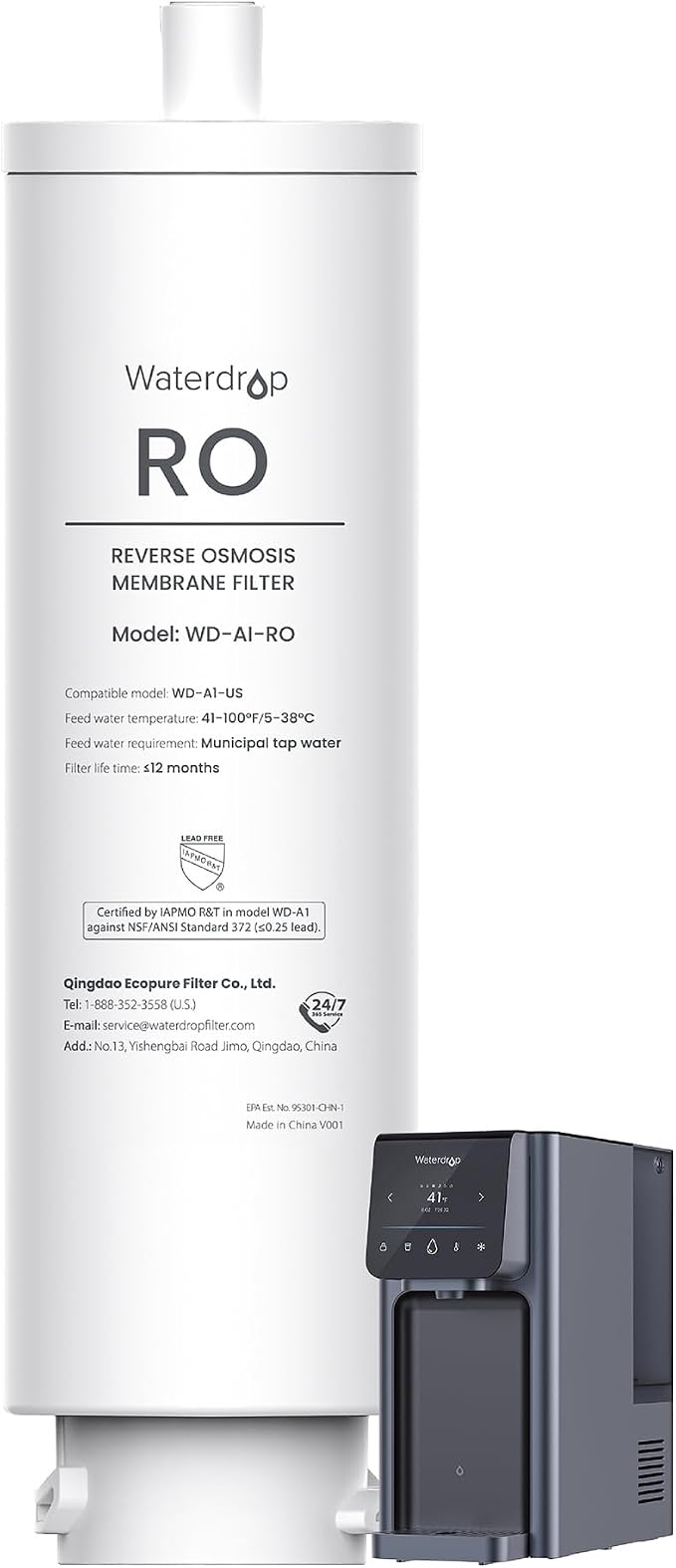 Waterdrop A1-RO Filter, Replacement for Waterdrop A1 Reverse Osmosis Hot Cold water Dispenser, 12-month Lifetime | Countertop Reverse Osmosis Filter, Enhanced Filtration, Long Filter Lifespan, Easy and Quick Filter Replacement