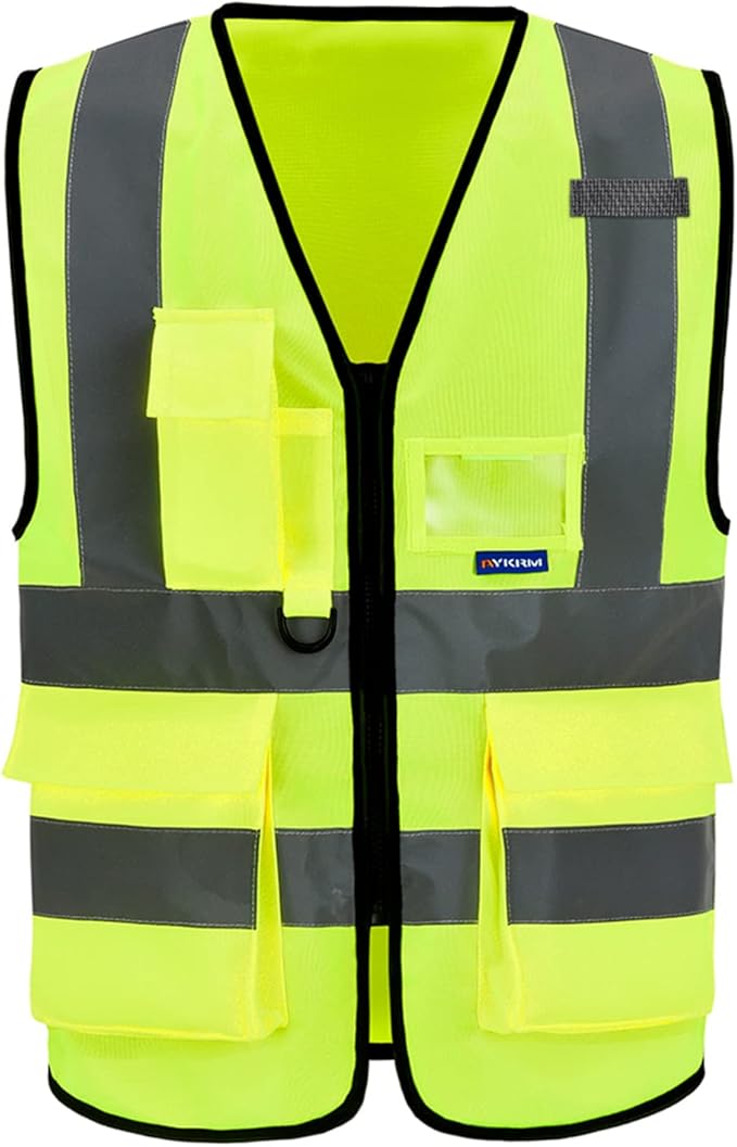 A-SAFETY ANSI/ISEA Standard Class 2 Hi-Vis Vest, Mic Tabs, Zip, Yellow, XL | Yellow XL Class 2 safety vest with 7 pockets, black front zipper and reflective strips for surveying; for men and women.