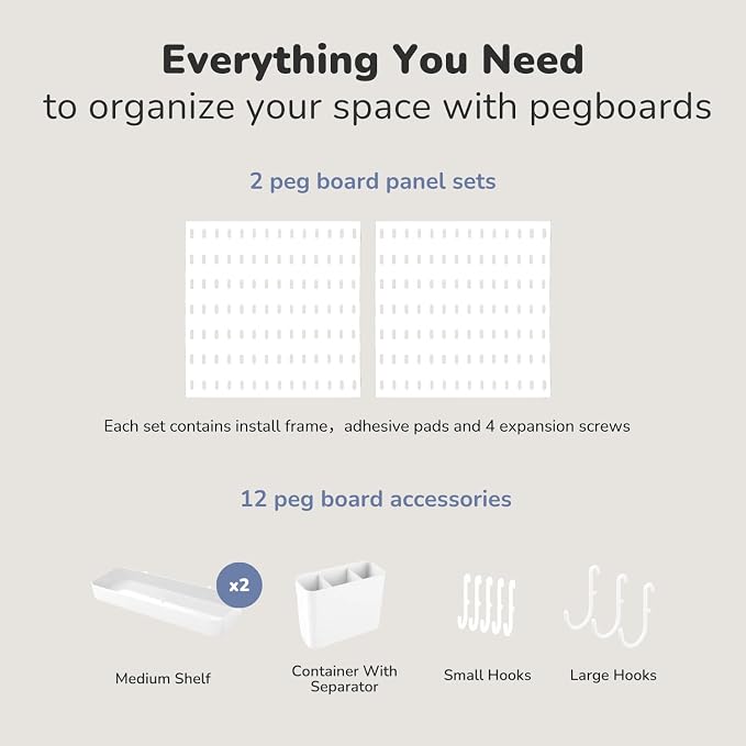 Keepo Peg Board Wall Organizer – Plastic Pegboard Panels, Modular Peg Board Storage System For Home Office, Craft Room, Gaming Setup (White, 22″×11″)