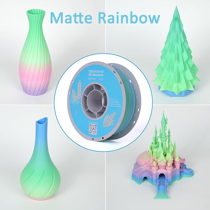 Matte Rainbow PLA 3D Printer Filament, 10 Rolls,1KG Spool(2.2lbs) 1.75mm 3D Printing Multicolor Gradient Filament Bundle for Most FDM 3D Printers,10 Different Matte Rainbow Colors