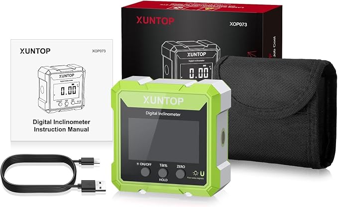 XUNTOP 4x90° Digital Angle Finder with Green Laser(Class 2, <1mW Output) 4 Sided Strong Magnetic Digital Angle Gauge Rechargeable IP54 Waterproof Level Box with VA Display for Woodworking Construction