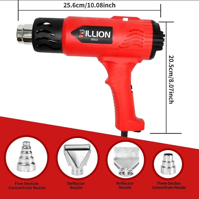 3D Grip Heat Gun 1800W - 120℉ to 1200℉ Dual Temperature Hot Air Gun Kit with 4 Nozzles - Black Red Professional Heat Shrink Gun for Crafts, Shrink Wrap, Electronics Repair