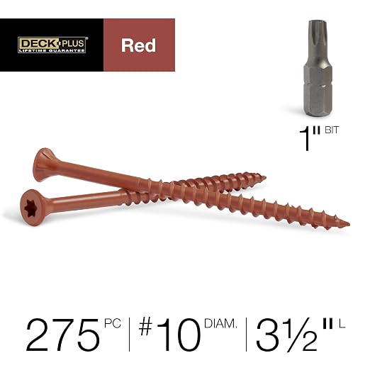Deck Plus 3-1/2 Inch Epoxy Coated Exterior Wood and Fence Screws #10 x 3-1/2" Torx/Star Drive Included Coarse Thread, Outdoor Rust Resistant Decking Screw, Red, 5lb Box, 275 Pieces | 48436