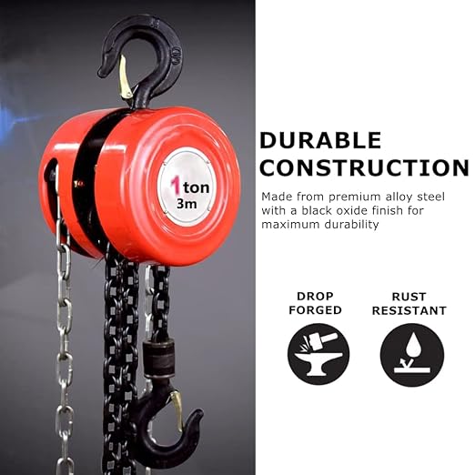 Manual Chain Hoist | 1 Ton/2000 lbs Capacity | 10’ Lift | 2 Hooks | Manual Hand Lift Steel Chain Block Hoist (1T-Red)
