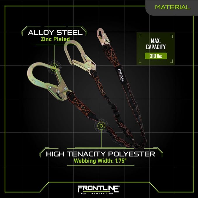 Frontline LIS62R Double Shock Absorbing 6' Lanyard | Twin Leg Lanyard 1 Snap Hook and 2 Rebar Hook Ends | ANSI & OSHA Compliant Fall Protection | 6000 lbs. Min. Breaking Strength