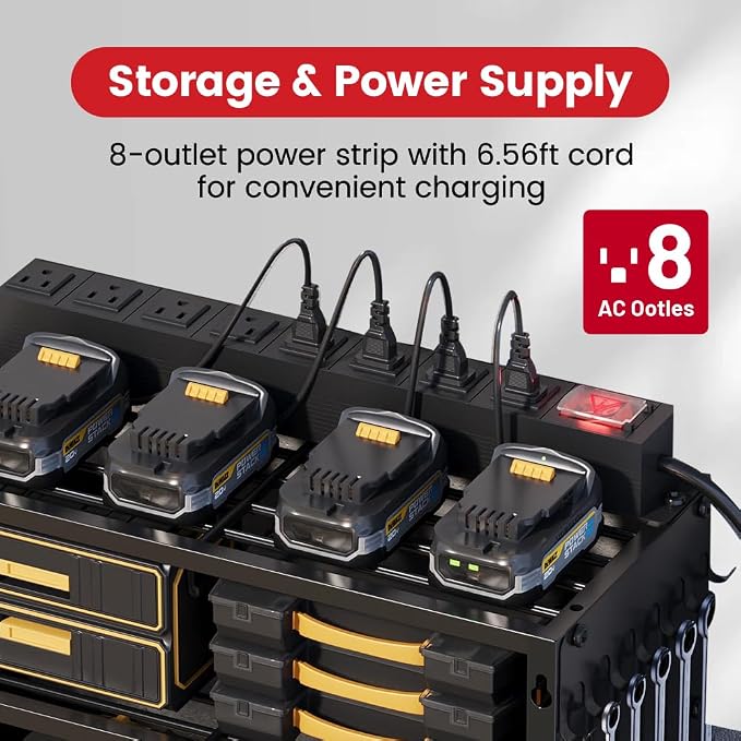 53" Power Tool Organizer Wall Mount with Power Strip, Black Heavy Duty Metal Tool Shelf, 400lbs Capacity for Cordless Drills, Batteries & Garage Storage (12 Slots with 8 Outlets Power Strip)