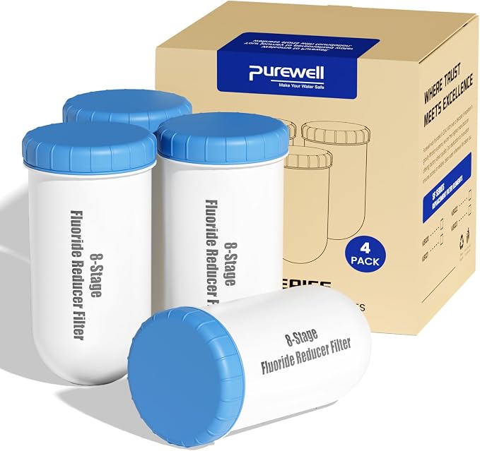 Purewell 8-Stage Fluoride Purification Elements, 7-Inch Pitcher Cartridge Compatible with Zero Pitcher, NSF/ANSI 42 & 372 Certified,41000-Gallon Long-Lasting, Reduces 99% Fluoride & Chlorine (4-Pack)