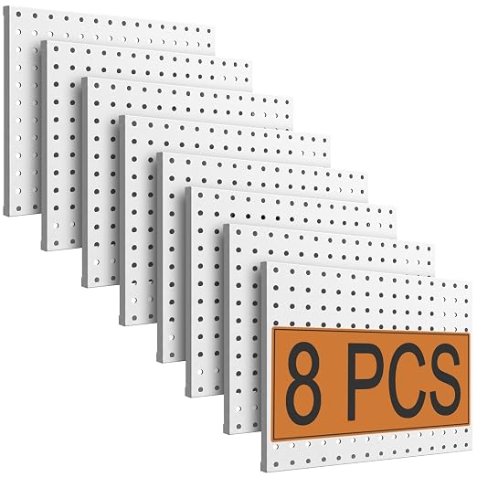 PBHEPJ 8 Pcs Metal Pegboard Panels, Heavy Duty Peg Boards for Garage and Garden Tool Storage, Includes Drywall Anchors and Screws Kits, White (8 pcs 16in x 12in)