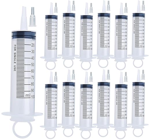 24 Pack 100ml Syringes with Tip Adapters, Large Garden Syringe Individually Packaged for Scientific Labs, Nutrient Measuring, Watering, Refilling