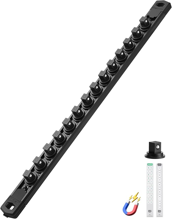 ALOANES Magnetic Socket Organizer Set, 3/8-Inch Drive Heavy Duty Aluminum Socket Rail Organizer, 360° Swivel Clips Socket Holder Kit for Toolbox Drawer Fit 3/8-Inch x 14 Clips (Black, 1PC)