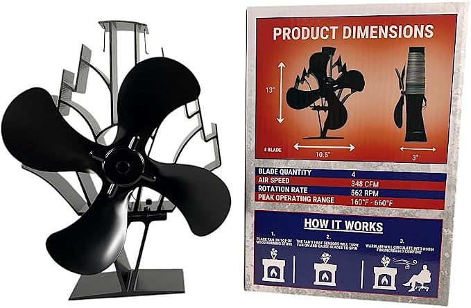 Heat Powered Stove Fan for Wood & Pellet Burners: Compatible with Log Burners, 348 CFM Airflow,13" Large 4-Blade Non-Electric Dual Motor Thermal Blower, Black by Freedom Stoves