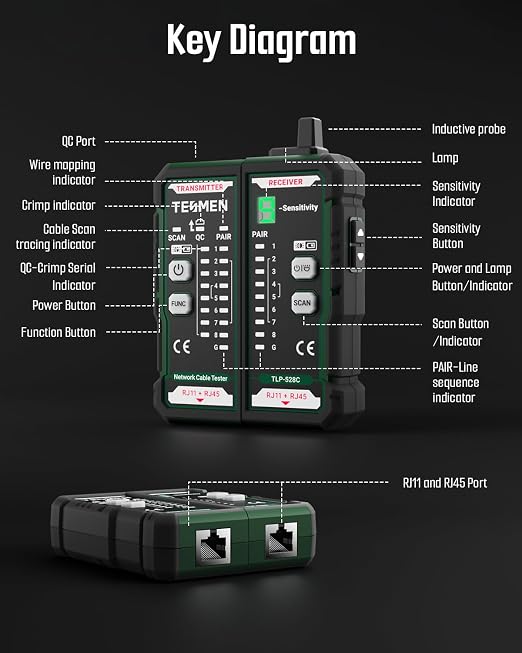 TESMEN TLP-528C Network Cable Tester, RJ11 RJ45, Ethernet Wire Tracer Toner for CAT5/CAT6 with Continuity & QC, LAN and Telephone line Finder, Suitable for Cable Maintenance and Sorting - Green