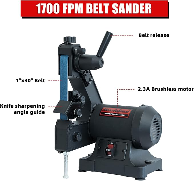 Bucktool 2.3A Belt Sander, 1×30 Inch Low-Speed Belt Sander with Knife Sharpening Angle Guide, 1790 RPM Metal Sander for Knife Making & Metalworking