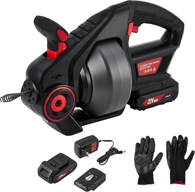 22V Cordless Electric Drain Auger, Automatic Drain Snake Cleaner Machine with 25Ft Flexible Steel Cable, Power Pipe Clog Remover Tool for 3/4" to 2" Pipes, Battery, Charger & Carrying Bag Included
