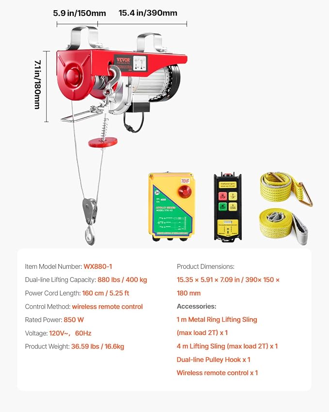 VEVOR 880lbs Electric Hoist with Wireless Remote Control, 110v Electric Hoist with Remote Control, 40ft/20ft Lifting Height Motor, for Garage Warehouse Factory