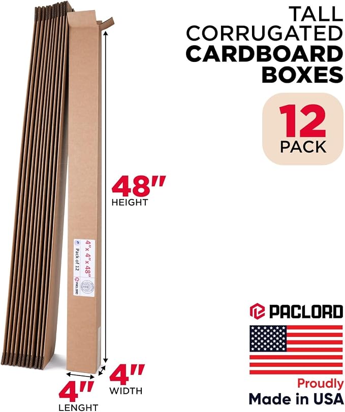 Tall Cardboard Boxes 4"L x 4"W x 48"H (Pack of 12) - USA-Made Packing Boxes for Moving, Shipping, or Storage - USPS, UPS, FedEx Approved - Professional Packing Supplies for Moving | USA-Made Packing Boxes for Moving, Shipping, or Storage - USPS, UPS, F...
