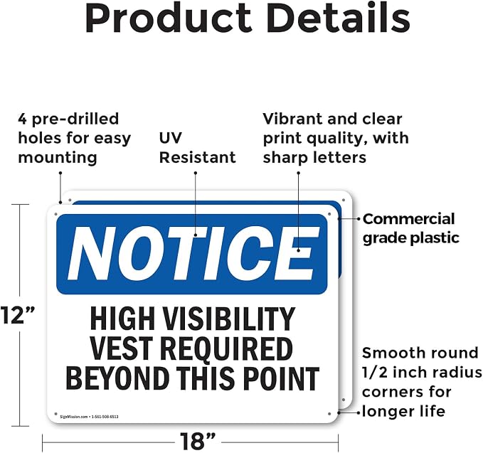 (2 Pack) High Visibility Vests Required Beyond This Point OSHA Notice Sign 18 Inch X 12 Inch Plastic Sign, Weather Resistant, UV Protected for Workplace, Business, and Construction Site, Made in the USA