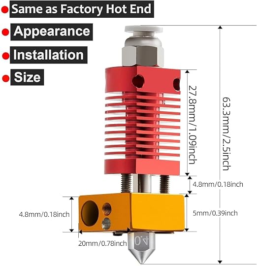 5Aplusreprap Ender 3 Hotend Upgrade: M3 Stud Thermistor, Smooth Printing, Compatible for Creality Ender 3 V2/Pro, Ender 5 J-Head Hotend Replacement, Assembled Extruder 3D Printer Hot end Kit 24V 40W