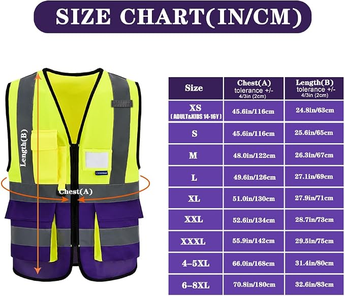 A-SAFETY Yellow purple reflective Working Vest with Zipper Pockets | Yellow/Purple M Polyester work vest with clear ID pocket, radio mic loop and reflective strips for specialized technicians.