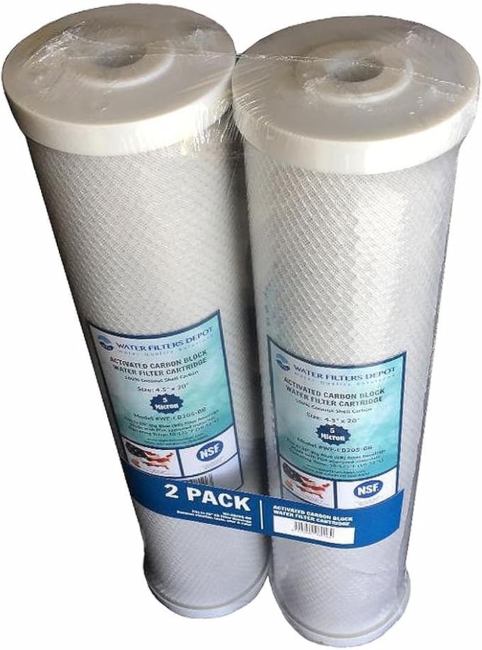 WFD, WF-CB205-BB 4.5"x20" Activated Carbon Block Water Filter Cartridge, Fits in 20" Big Blue (BB) Filter Housings (2 Pack, 5 Micron)