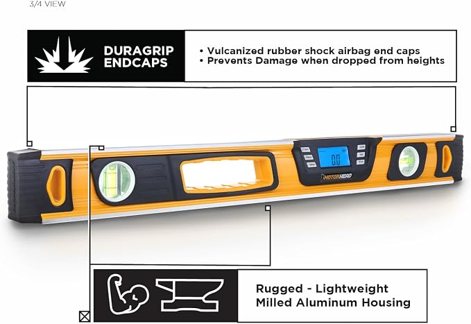 MOTORHEAD 24-Inch 0-180° Smart Digital Level, LCD Screen, Magnetic Bottom | Audible Alerts, Water Dust & Shock Resistant, High-Visibility, Solid-Milled Aluminum, Carrying Bag, Carpentry Masonry Framing