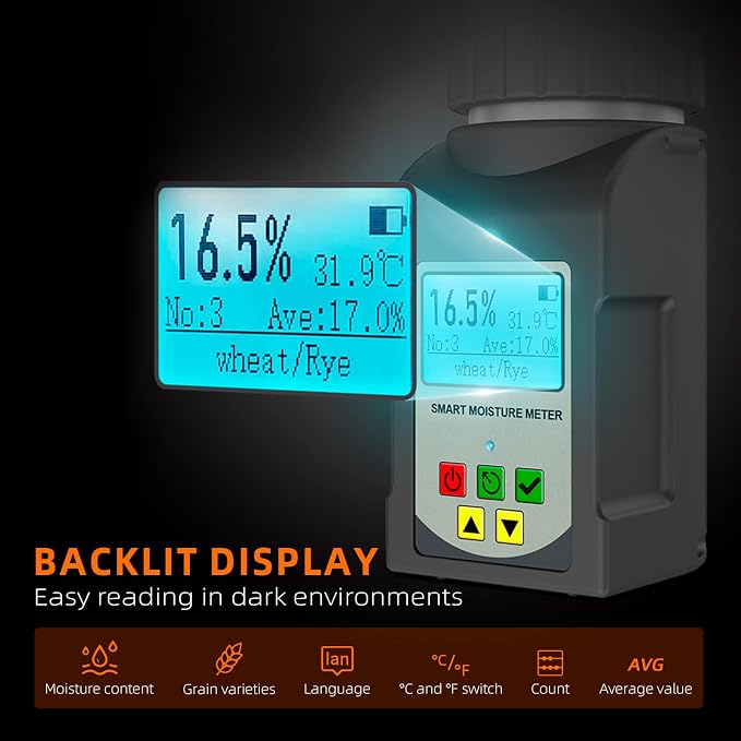 Grain Moisture Meter Tester, Digital Portable Grain Moisture Analyzer for 25 Grains, with Backlit LCD Display, Voice Broadcast, Data Logging, Temperature Test for Coffee Wheat Corn Rice Farm Crops
