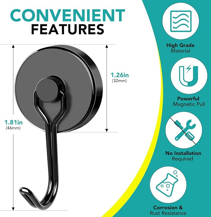 DIYMAG Black Magnetic Hooks 120LBS Strong Magnetics Heavy Duty 2026 Cruise Ship Essentials Magnets with Metal Hook for Hanging Refrigerator Home Kitchen Office, 8Pack (Pack of 2)