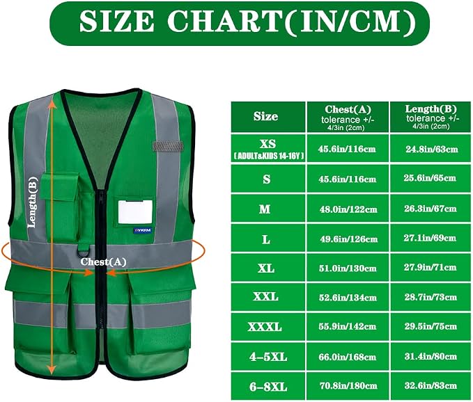 A-SAFETY 6XL 7XL 8XL plus size green safety vest big and tall | Green 6XL-8XL Polyester work vest with 7 pockets, reinforced zipper pockets and black front zipper for property inspection.