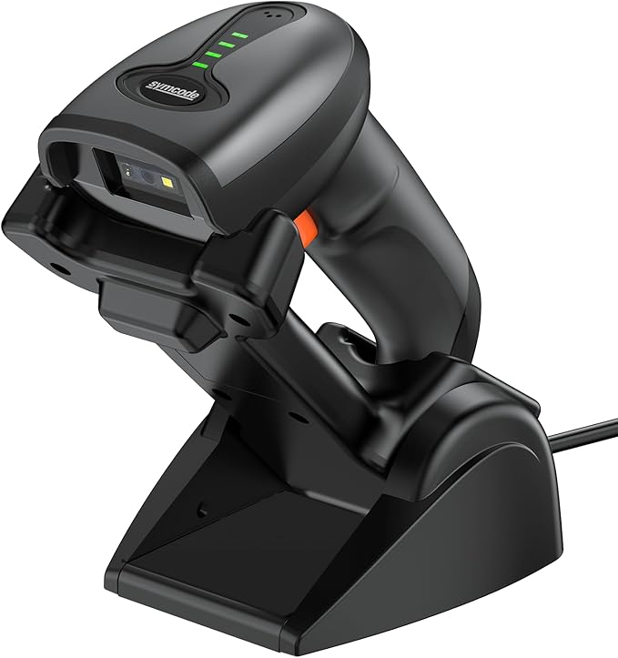 Symcode QR Industrial Bluetooth Barcode Scanner with Wireless Charging Stand, Wireless 2D 1D Bar Code Scanner Drop Protection Shock Dust Proof Hands Free Auto-Sensing Stand Barcode Scanner