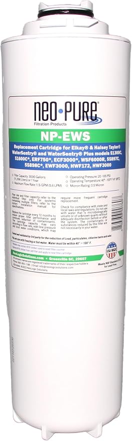 Neo-Pure NP-EWS Elkay Compatible Replacement Filter for the Elkay 51299C, 51300C and WSF6000R and Halsey Taylor 55898C - Single