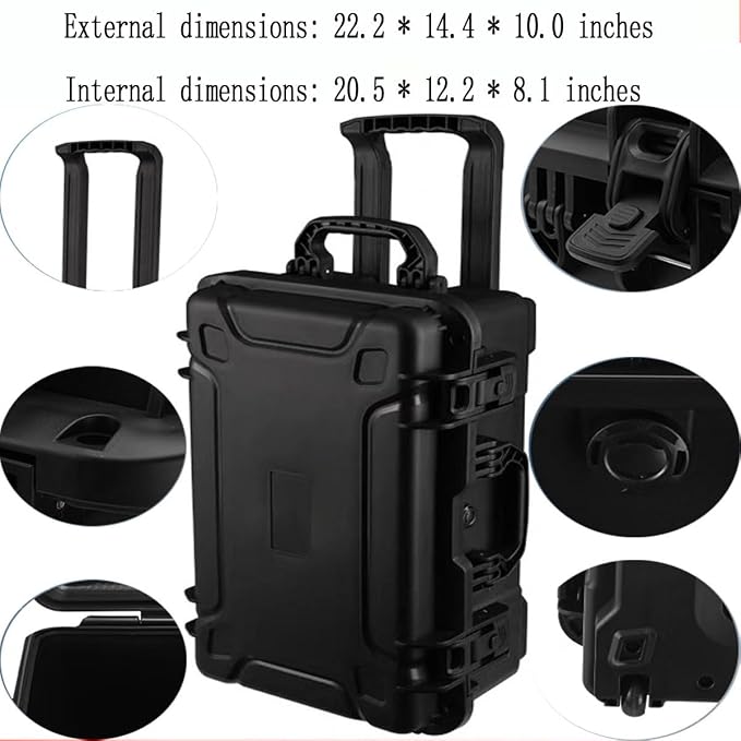 22" L x 14" W x 9" H Large Hard Case with Foam, Portable Rolling Hard Case with Wheels, Waterproof Shockproof Dustproof, Suitable for Cameras, Lenses, Camcorder, Instrument, Telescopes