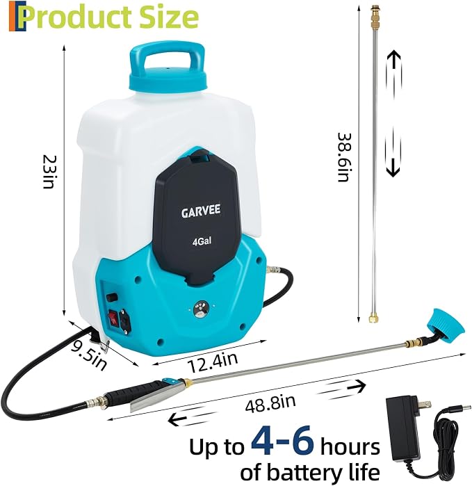 Garvee 4 Gallons Battery Powered Backpack Sprayer, 12V 8Ah Electric Sprayer with 6 Nozzles & 2 Wands, 4-6 Hour Runtime, 90PSI Adjustable Pressure, Trigger Lock, Yard Sprayers for Lawn and Garden