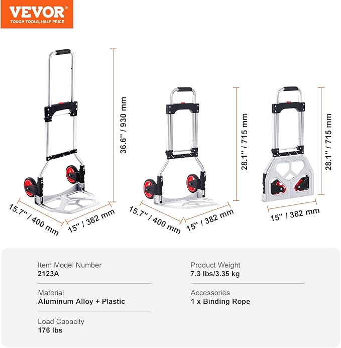 VEVOR Folding Hand Truck, 80 kg Load Capacity, Aluminum Portable Cart, Convertible Hand Truck and Dolly with Telescoping Handle and Rubber Wheels, Ultra Lightweight Super Strong for Moving Warehouse