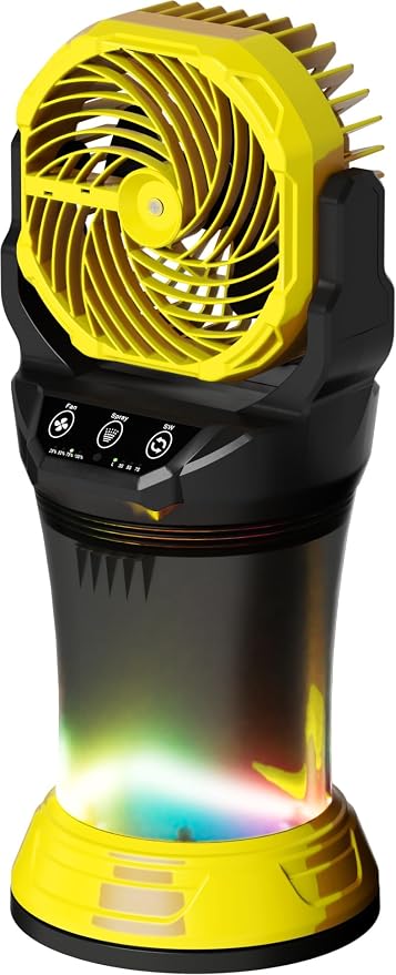 Wilody Misting Fan Portable Battery Powered, Camping Fan with RGB Ambient Light with 2L Bucket, Battery Indicator, 120° Auto Oscillating, Timing Function, Grip Handle(Yellow)