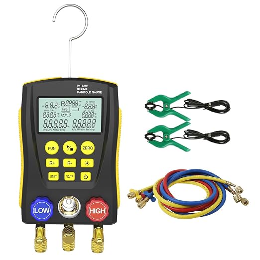 Digital HVAC Manifold Gauge Set,Refrigeration AC Gauges with Thermometer Clamps & Tricolor Hose, Dual Temp & Pressure Sensors for Vacuum & Leak Test,R134a R410a R32 R1234 Refrigerant Recharge Kit