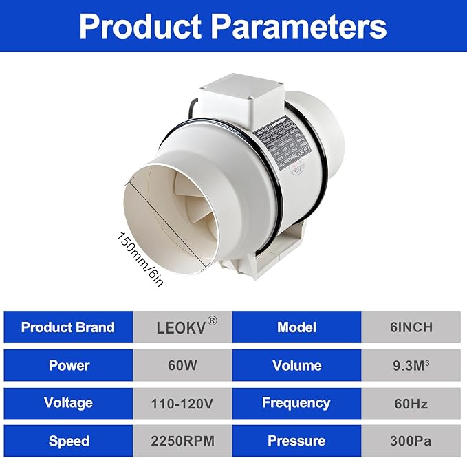 6Inch Exhaust fan Pipeline booster fan Inline duct fan 420 CFM Efficiency Air Fan for Duct Vent Bathroom, Kitchen, Grow Tent,Hydroponics,The wind is very strong.All-copper wire motors are more durable