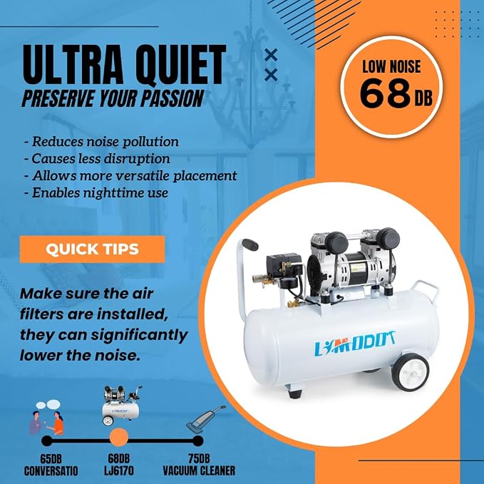 Quiet Oil-Free Air Compressor, 68 dB, 2.8 CFM @ 90 PSI, 8 Gallon Air Tank | Steel Tank Compressor for Woodworking, Nailing, Garage Use, Car Inflation and Pneumatic Tools, Includes Air Hose Kit