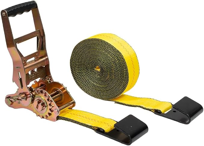 Mytee Products 2" x30' Self-Tensioning Ratchet Tie Down Straps with Flat Hooks - 3,333 Lbs WLL - Heavy Duty Tie Down Ratchet Straps for Flatbed, Truck, Trailers, Cargo, Pickup - Yellow