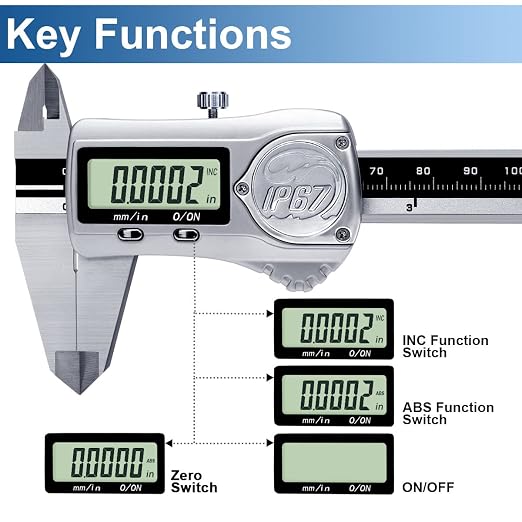 Kynup Caliper Measuring Tool IP67 Waterproof, Digital Caliper Outside Micrometer, 6 Inch Caliper DIY Tool, Extreme Accuracy, Stainless Steel Design, Auto Power Off, Switch from Inch Metric
