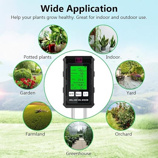 6-in-1 Soil Moisture Meter, Soil Tester for Moisture, pH, Temperature, Sunlight, Air Humidity and Fertility, for Farming, Gardening and Outdoor Plants (2*AAA Battery Needed)