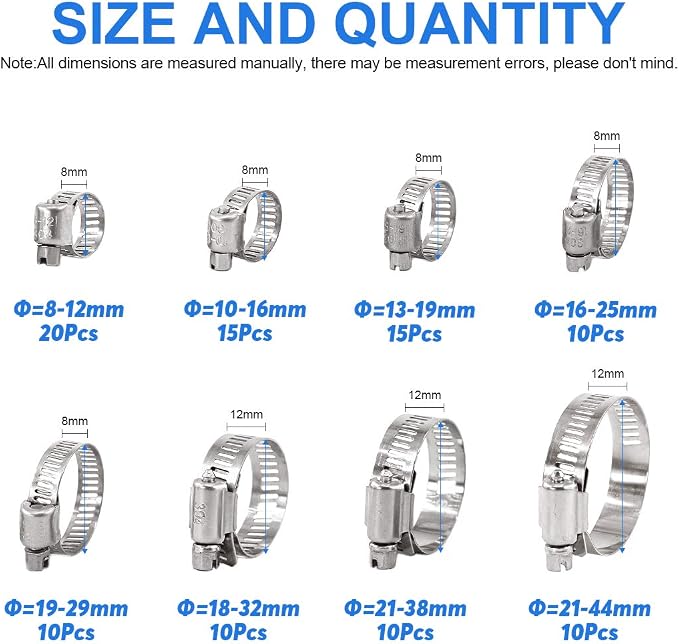 Glarks 100Pcs Adjustable 8-44mm Range 304 Stainless Steel Worm Gear Hose Clamps Assortment Kit+ 20pcs Adjustable 40-63mm Range 304 Stainless Steel Worm Gear Hose Clamps