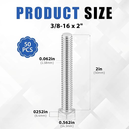Zonon 50 Pcs 3/8-16 x 2 Hex Head Screw Bolt 18-8 (304) Stainless Steel Hexagon Bolts, Fully Threaded, Plain Finish, External Hex Drive (Silver)