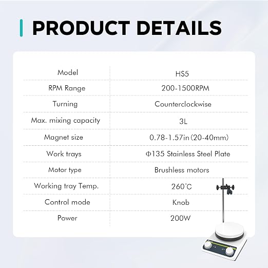 LAB FISH HS5 Magnetic Stirrer Hot Plate,260℃/500℉ | 5 inch stir plate, 3L capacity, knob speed control, with support stand, for lab heating & mixing