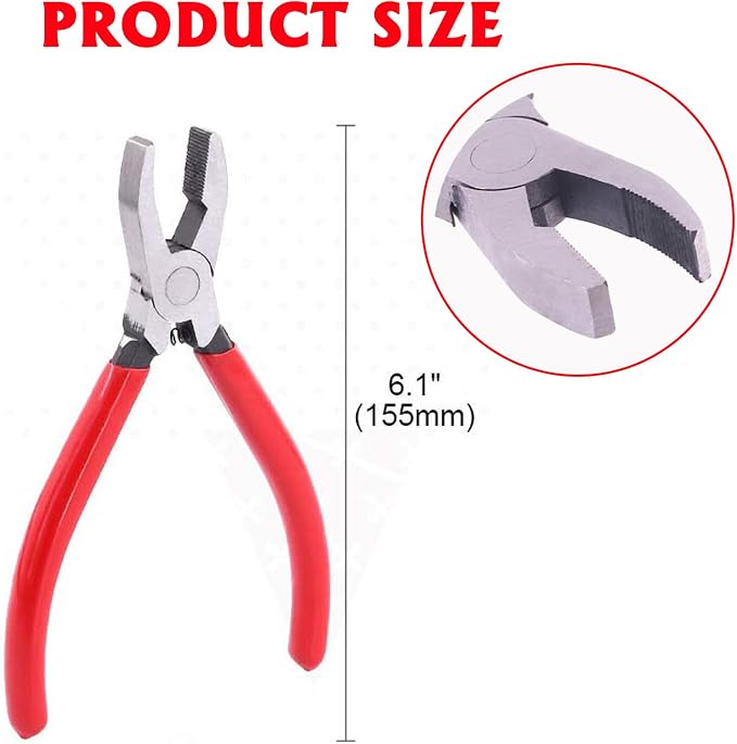 Professional Glass Breaking and Trimming Pliers, 6-Inch Stained Glass Grozer Tool with Red PVC Handle, Serrated Carbide Jaws for Glass, Tiles, Mosaic, Mirrors, Bottles