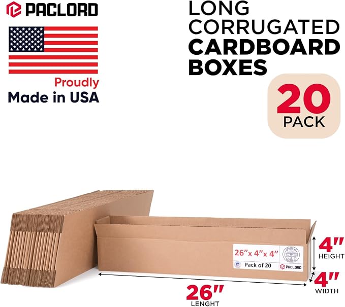 Long Cardboard Boxes 26"L x 4"W x 4"H (Pack of 20) - USA-Made Packing Boxes for Moving, Shipping, or Storage - USPS, UPS, FedEx Approved - Professional Packing Supplies for Moving | USA-Made Packing Boxes for Moving, Shipping, or Storage - USPS, UPS, F...