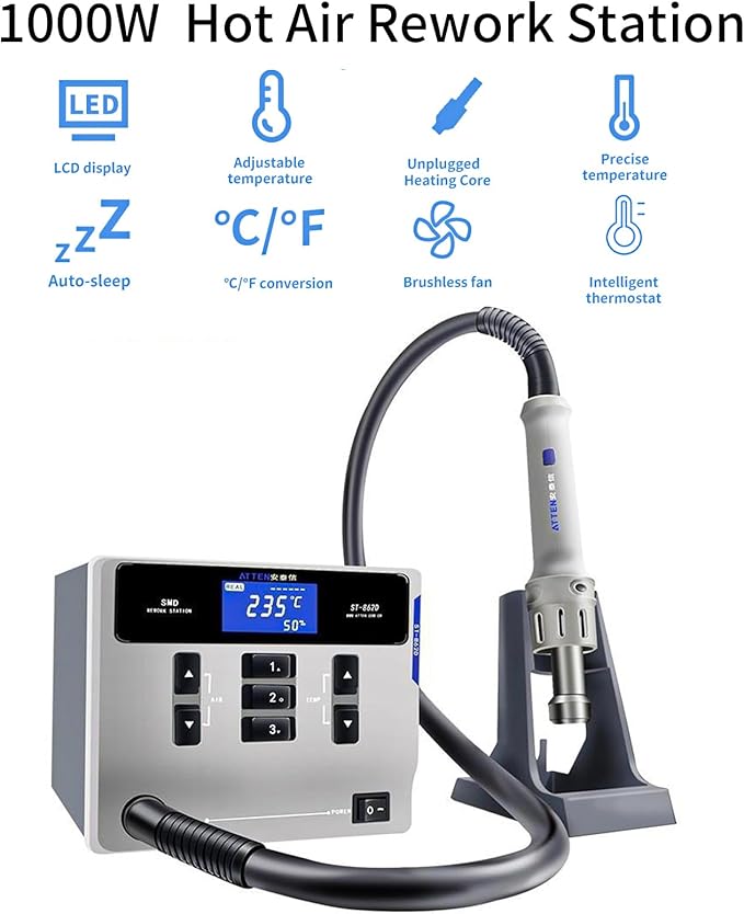 Hot Air Rework Station, ATTEN ST-862D 1000W Digital Display Automatic Sleep Hot Air Gun Soldering Station, Adjustable Temperature Desoldering Gun BGA Rework Station