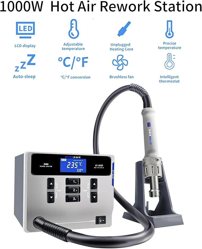 Hot Air Rework Station,1000W Digital Display Automatic Sleep Hot Air Gun Soldering Station, Adjustable Temperature Desoldering Gun BGA Rework Station