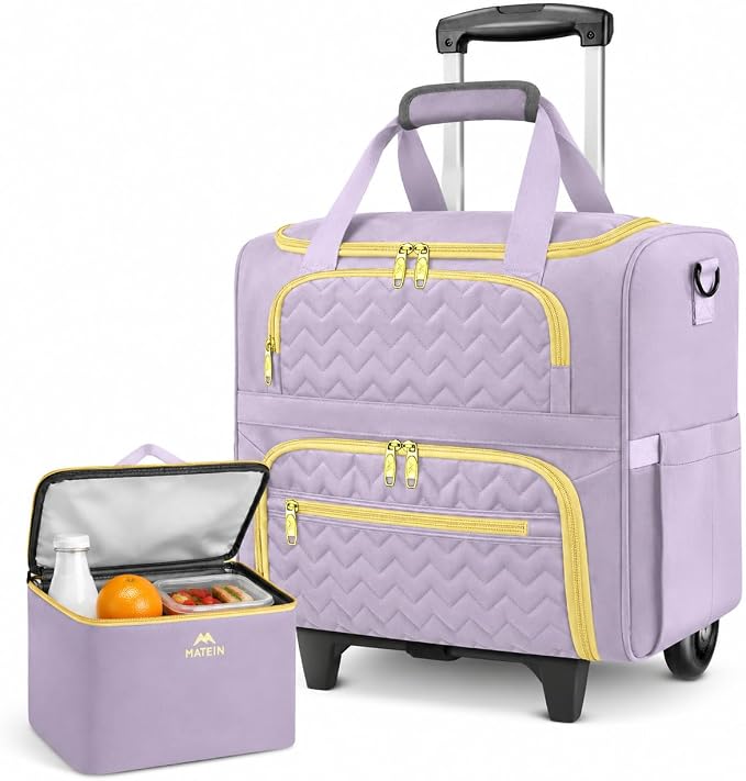 MATEIN Rolling Briefcase for Women, Rolling Work Bag with Wheels & Detachable Cart Fit 15.6 Inch Laptop, Roller Laptop Tote Bag with Insulated Lunch Box for Teacher Commute Office Work College, Purple