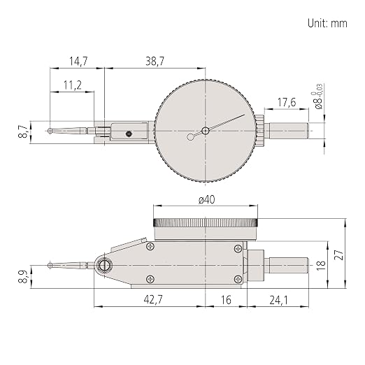 Mitutoyo 513-401-10E Dial Test Indicator, 0.14 mm Range, 0.001 mm Graduation, 1 µm Accuracy, Yellow Dial, Printed Contact Length, Scratch-Resistant Crystal, Impact-Resistant, Inspection Certificate