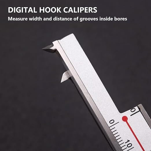 Inside Groove Width Digital Caliper with Hook, Measure Width of Grooves Inside Bores, Range 3-150mm, Resolution 0.01mm, mm/inch, Stainless Steel